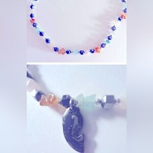 Necklace Green Aventurine, Hematite fish charm, Rose Quartz, Carnelian 16” beads